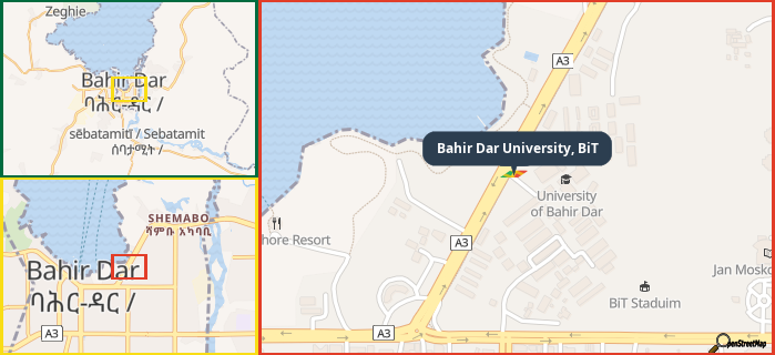 Map showing the address of Bahir Dar University, BiT in three different zoom levels.