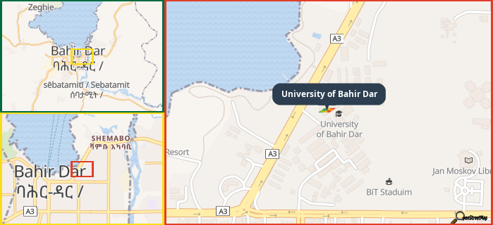 Map showing the address of University of Bahir Dar in three different zoom levels.
