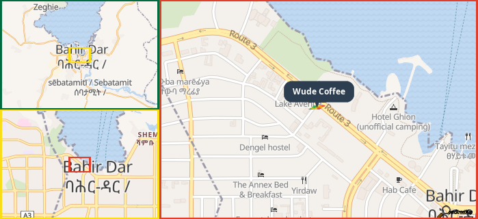 Map showing the address of Wude Coffee in three different zoom levels.