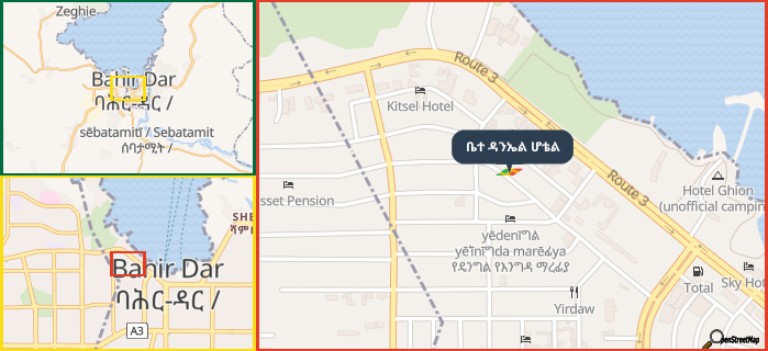 Map showing the address of ቤተ ዳንኤል ሆቴል in three different zoom levels.