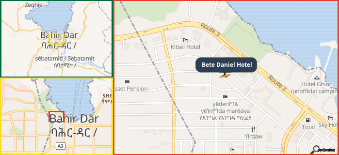 Map showing the address of Bete Daniel Hotel in three different zoom levels.