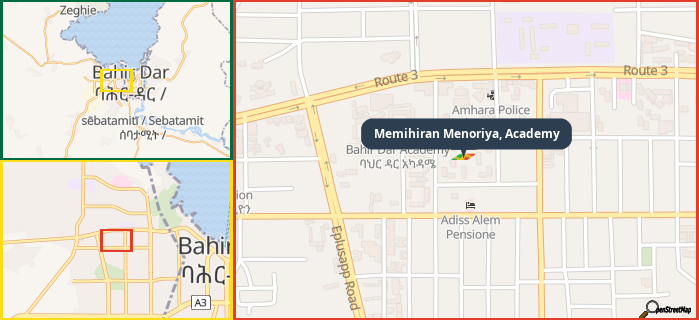 Map showing the address of Memihiran Menoriya, Academy in three different zoom levels.
