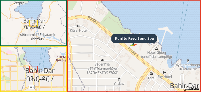 Map showing the address of Kuriftu Resort and Spa in three different zoom levels.