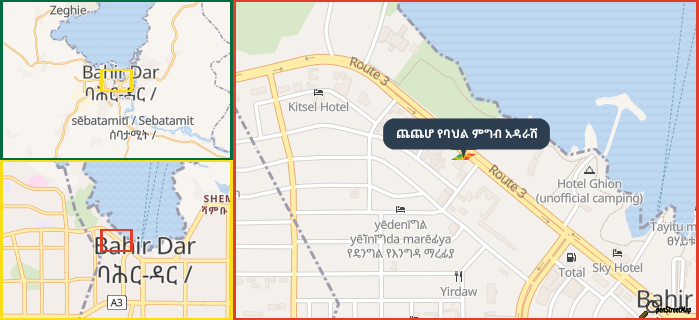 Map showing the address of ጨጨሆ የባህል ምግብ አዳራሽ in three different zoom levels.