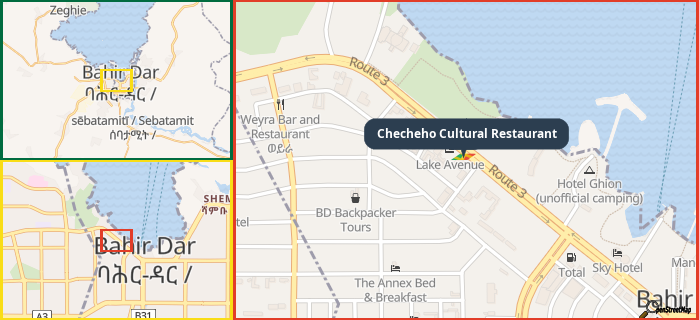 Map showing the address of Checheho Cultural Restaurant in three different zoom levels.