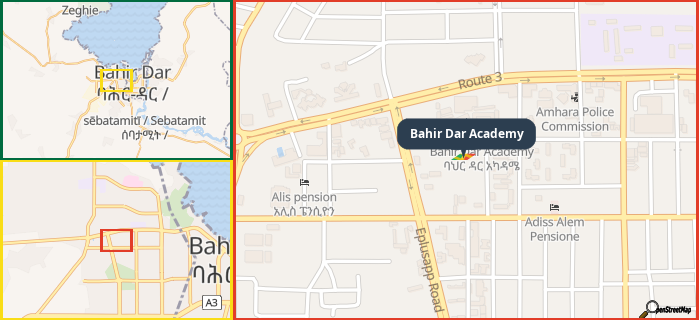 Map showing the address of Bahir Dar Academy in three different zoom levels.