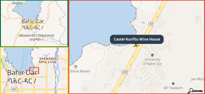 Map showing the address of Castel-Kuriftu Wine House in three different zoom levels.