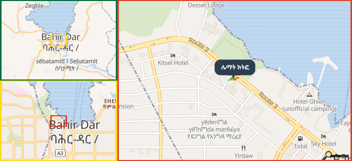 Map showing the address of ሌማት ክትፎ in three different zoom levels.