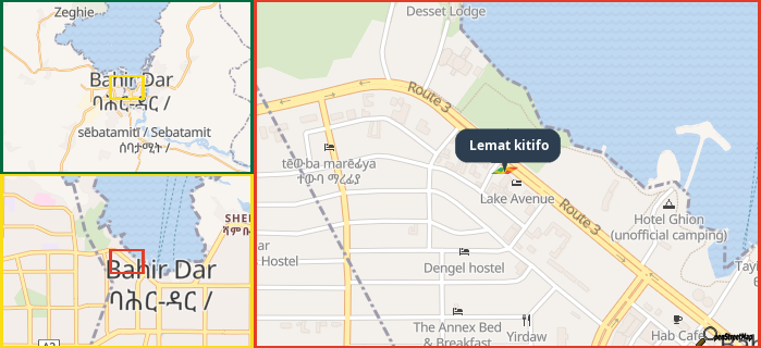 Map showing the address of Lemat kitifo in three different zoom levels.