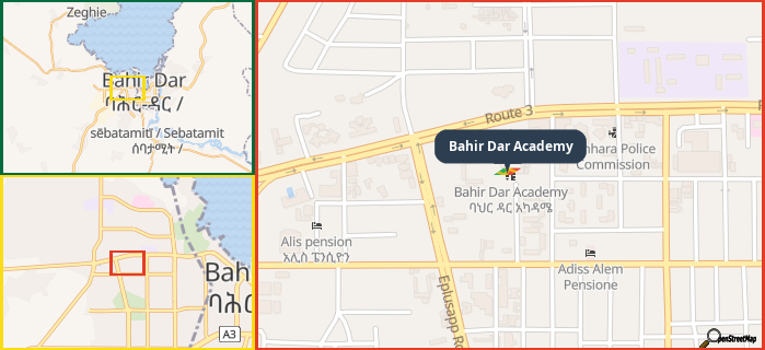 Map showing the address of Bahir Dar Academy in three different zoom levels.