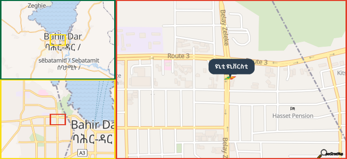 Map showing the address of ዩኒቲ ዩኒቨርስቲ in three different zoom levels.