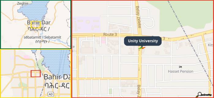 Map showing the address of Unity University in three different zoom levels.