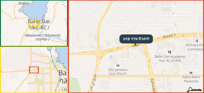Map showing the address of አባይ ባንክ ሽንብጥ in three different zoom levels.