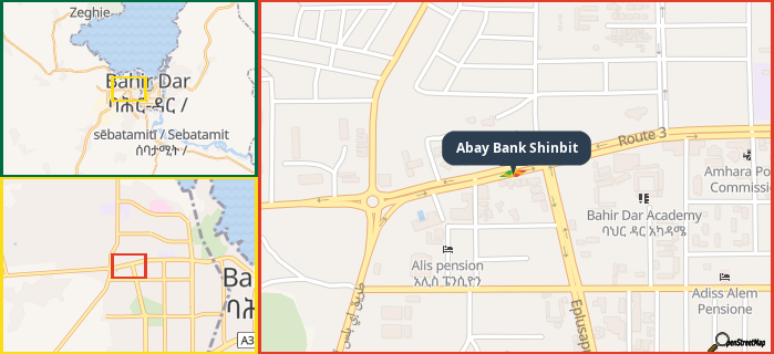 Map showing the address of Abay Bank Shinbit in three different zoom levels.
