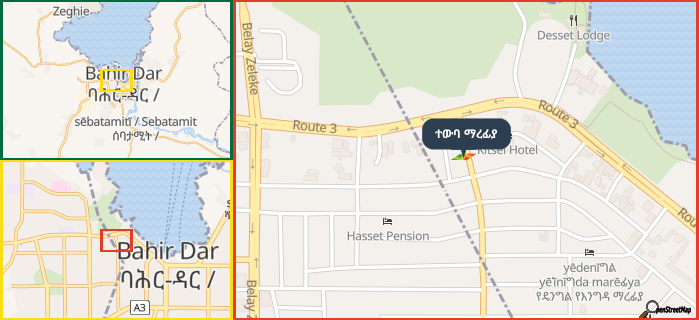 Map showing the address of ተውባ ማረፊያ in three different zoom levels.