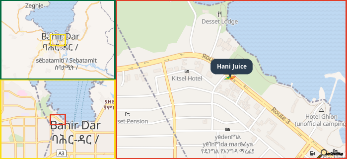 Map showing the address of Hani Juice in three different zoom levels.