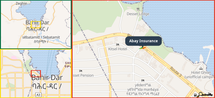 Map showing the address of Abay Insurance in three different zoom levels.
