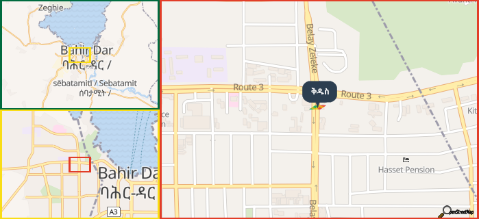 Map showing the address of ቅዱስ in three different zoom levels.