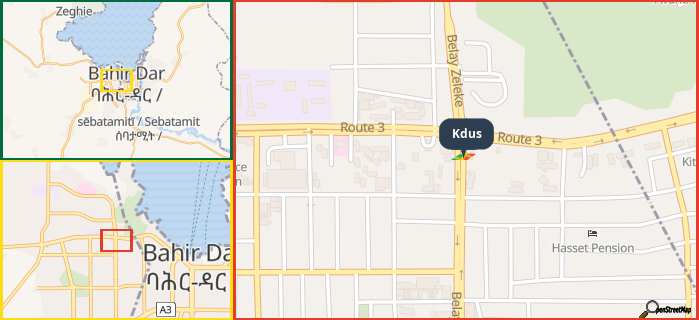 Map showing the address of Kdus in three different zoom levels.