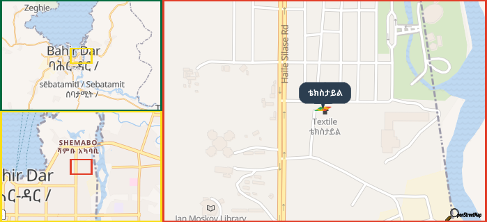 Map showing the address of ቴክስታይል in three different zoom levels.