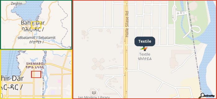 Map showing the address of Textile in three different zoom levels.