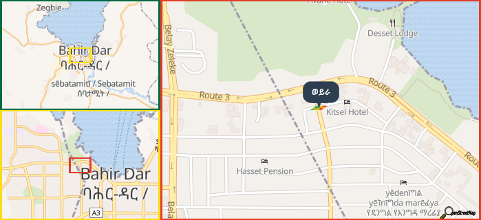 Map showing the address of ወይራ in three different zoom levels.