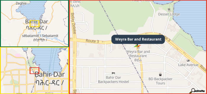 Map showing the address of Weyra Bar and Restaurant in three different zoom levels.