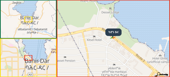 Map showing the address of ካኖን ቡና in three different zoom levels.