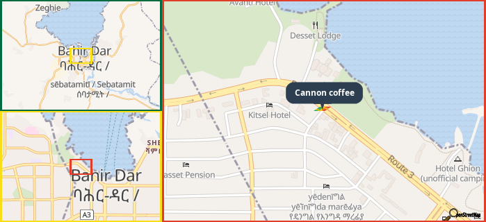Map showing the address of Cannon coffee in three different zoom levels.