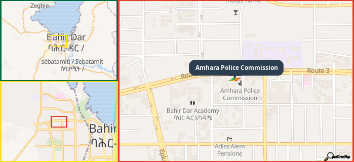 Map showing the address of Amhara Police Commission in three different zoom levels.