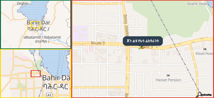 Map showing the address of ጆን ልዩ የአሳ ሬስቶራንት in three different zoom levels.