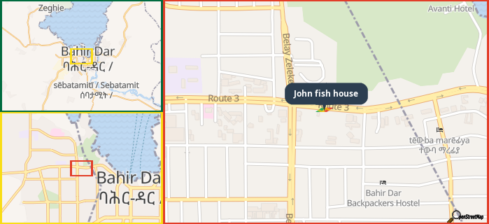 Map showing the address of John fish house in three different zoom levels.