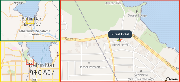 Map showing the address of Kitsel Hotel in three different zoom levels.