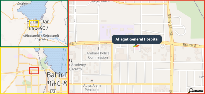Map showing the address of Aflagat General Hospital in three different zoom levels.