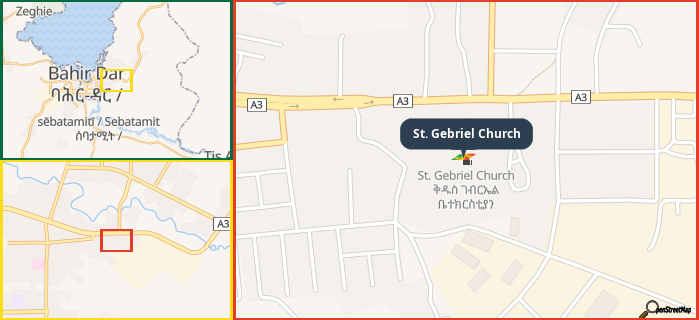Map showing the address of St. Gebriel Church in three different zoom levels.