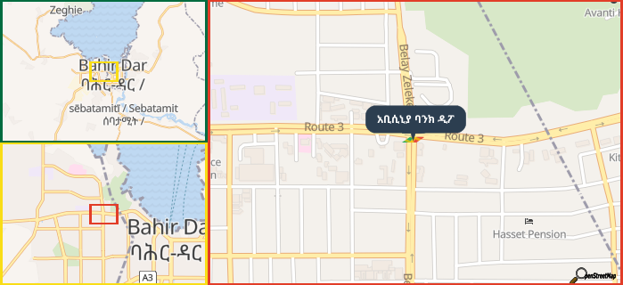 Map showing the address of አቢሲኒያ ባንክ ዲፖ in three different zoom levels.
