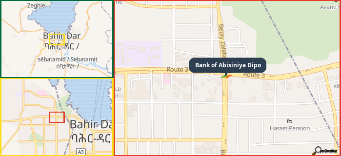 Map showing the address of Bank of Abisiniya Dipo in three different zoom levels.