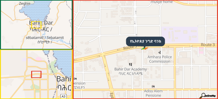 Map showing the address of የኢትዮጵያ ንግድ ባንክ in three different zoom levels.