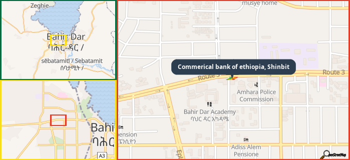 Map showing the address of Commerical bank of ethiopia, Shinbit in three different zoom levels.