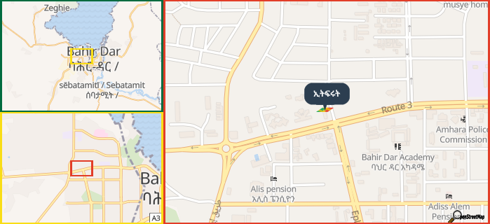 Map showing the address of ኢትፍሩት in three different zoom levels.