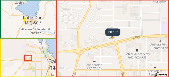 Map showing the address of Etfruit in three different zoom levels.