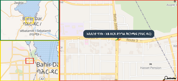 Map showing the address of አቢሲንያ ባንክ - አፄ ሰርጸ ድንግል ቅርንጫፍ (ባህር ዳር) in three different zoom levels.