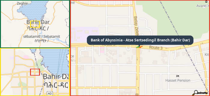 Map showing the address of Bank of Abyssinia - Atse Sertsedingil Branch (Bahir Dar) in three different zoom levels.