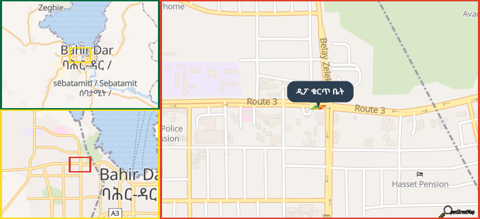 Map showing the address of ዲፖ ቁርጥ ቤት in three different zoom levels.