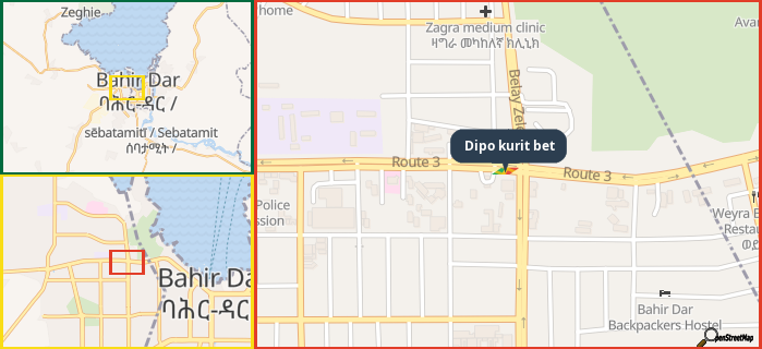 Map showing the address of Dipo kurit bet in three different zoom levels.