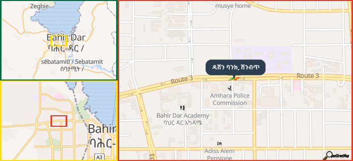 Map showing the address of ዳሸን ባንክ, ሽንብጥ in three different zoom levels.
