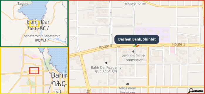 Map showing the address of Dashen Bank, Shinbit in three different zoom levels.