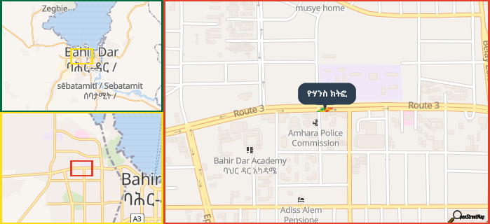Map showing the address of ዮሃንስ ክትፎ in three different zoom levels.