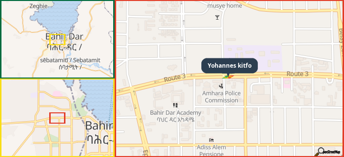 Map showing the address of Yohannes kitfo in three different zoom levels.