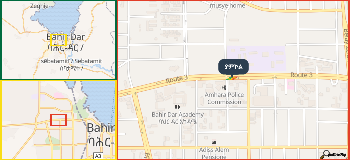 Map showing the address of ያምኮል in three different zoom levels.